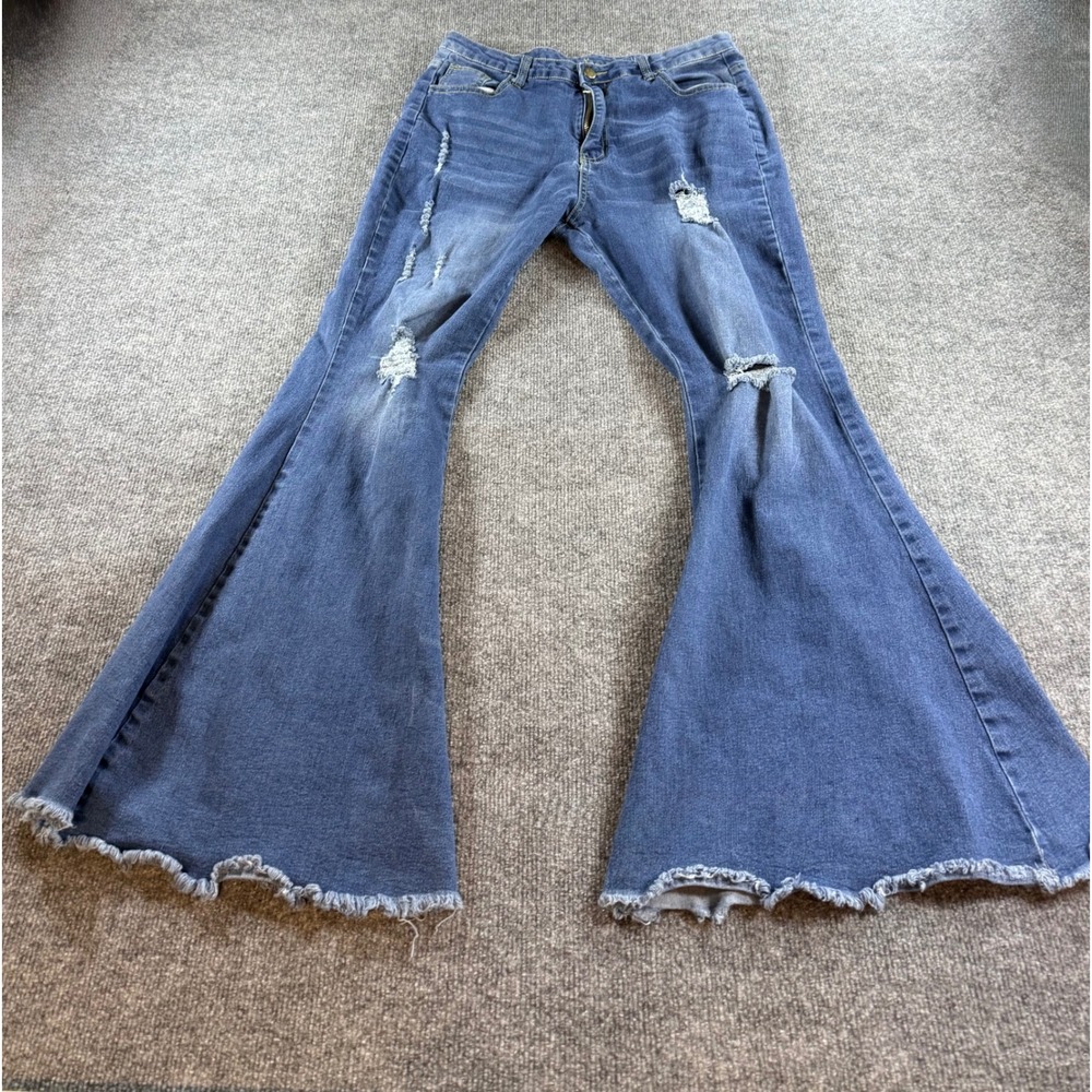 Women Medium Wash High Rise Flare Bell Bottom Jeans Raw Hem Blue XL